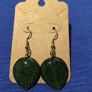 Sparkly Green Leaf and Silver Earrings